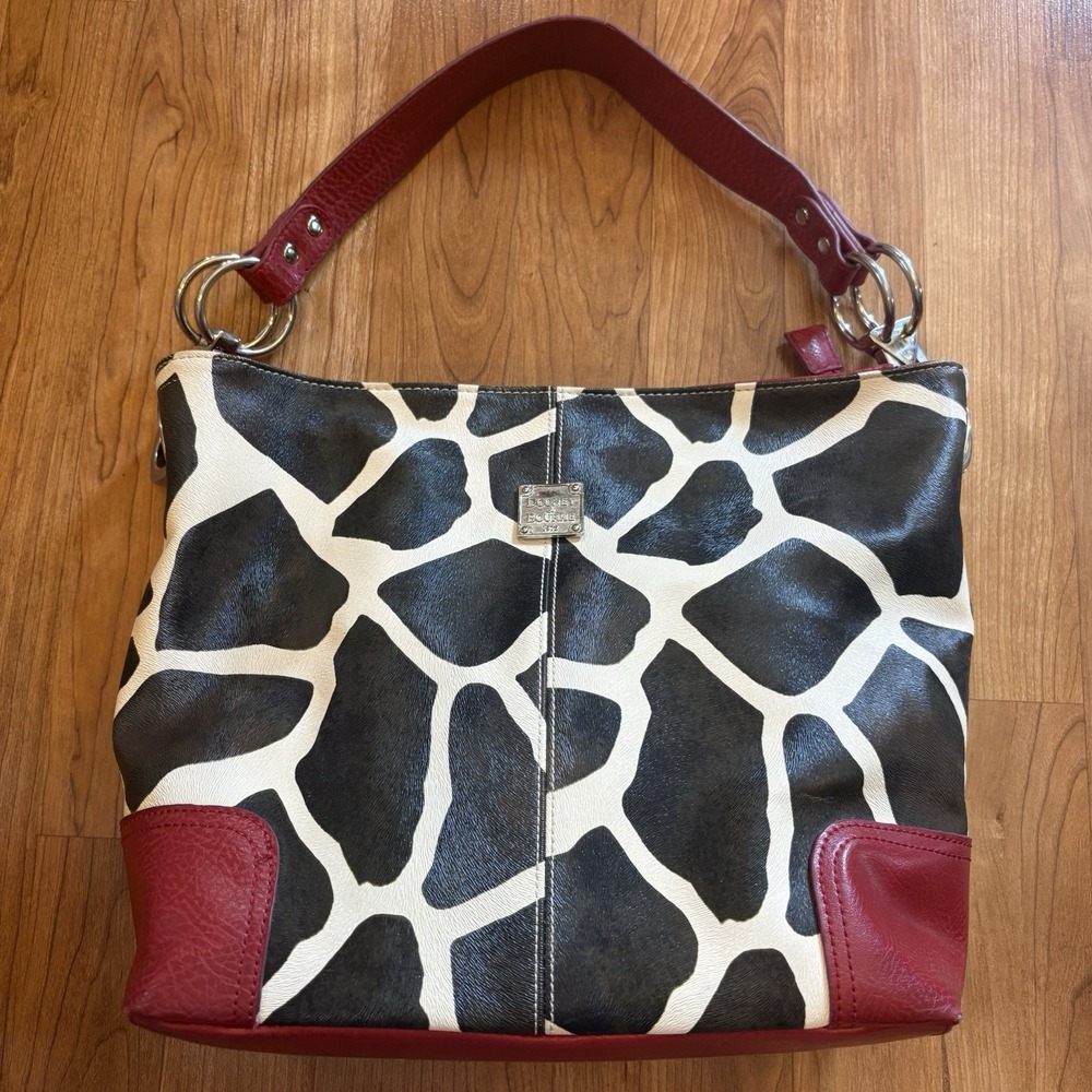 Dooney & Bourke Red Giraffe Print Leather Shoulder  Bag Hobo Y2k Animal Print